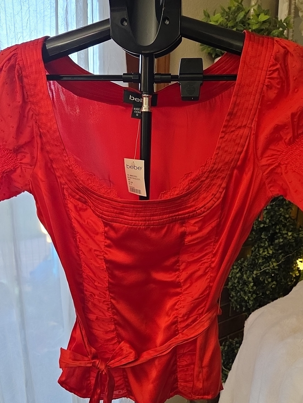 NWT Vintange Authentic Brbe Red Satin Tie-Waist Blouse